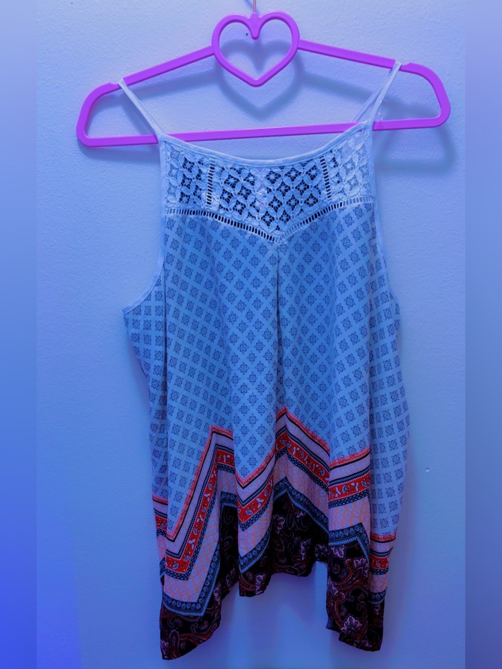 Xhilaration White Lace Yoke Camisole with Multicolor Hem Pattern